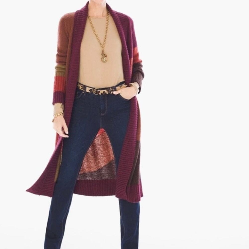 Chico’s Biana Color Blocked Jewel Tone Long Open Knit Cardigan Wool lagen look